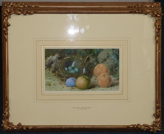 William Cruickshank (fl.1866-1879) Still lifes of fruit and birds nests, 6.5 x 10.5in.